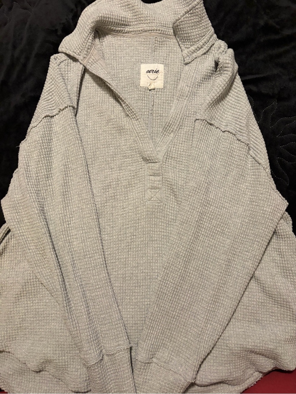 aerie Heather Gray Waffle-Knit Henley Pullover